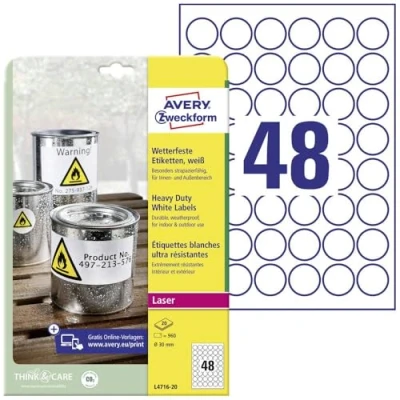 Abbildung von AVERY Zweckform L4716 20 Wetterfeste Folienetiketten (960 Klebeetiketten, Ø30mm auf A4, extrem stark selbstklebend, wasserfest, strapazierfähig, bedruckbare Outdoor Klebefolie) Blatt, weiß