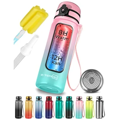 Abbildung von My Vesperbox Edelstahl Thermos Trinkflasche auslaufsicher mit Strohhalm oder Sieb 400 ml, 600ml BPA FREI für Kindergarten, Schule (Rosa Türkis, ml)