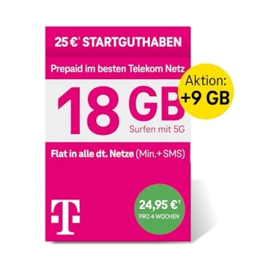 Abbildung von Deutsche Telekom MagentaMobil Prepaid XL SIM Karte ohne Vertragsbindung,5G inkl.I18 GB &amp; Allnet Flat (Min, SMS) in alle dt.Netze+EU Roaming ISurfen mit 5G/LTE Max&amp; Hotspot I25 EUR Startguthaben