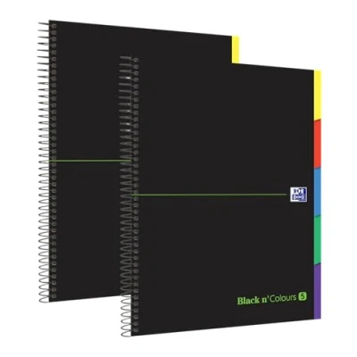 Abbildung von Oxford Black N&#039;Colours Notizbücher, A4+, mikroperforiert, extra dicker Deckel, 100 Blatt, kariert, 5 x cm, Packung mit 2 Heften, Tabs