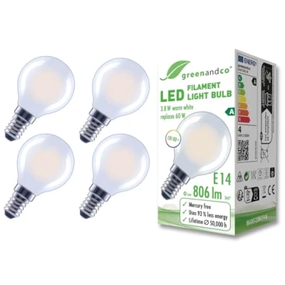 Abbildung von greenandco 4x Glühfaden LED Lampe matt E14 G45 3,8W 806lm ersetzt 60W 2700K warmweiß 320 230V flimmerfrei Energieeffizienzklasse A nicht dimmbar