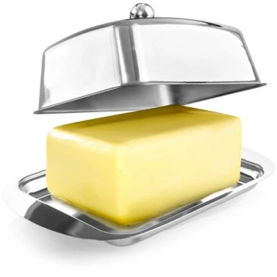 Abbildung von com four® Butterdose Edelstahl Große Butterglocke aus Butterschale mit Deckel und Griff spülmaschinengeeigneter Butterbehälter Knauf Buttergefäß (Edelstahl Knauf)