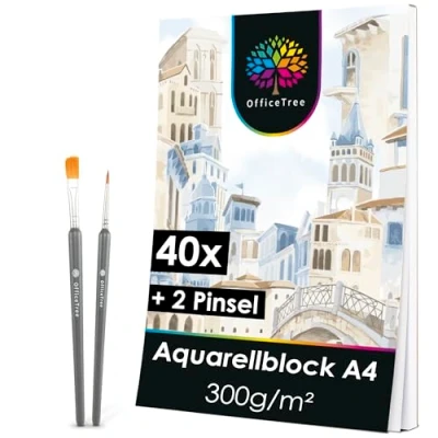 Abbildung von OfficeTree Aquarellpapier A4 40 Blatt 300 g Aquarellbogen Aquarellblock weißes Zeichenpapier Malbogen mit 2 kostenlosen Pinseln Watercolor Paper