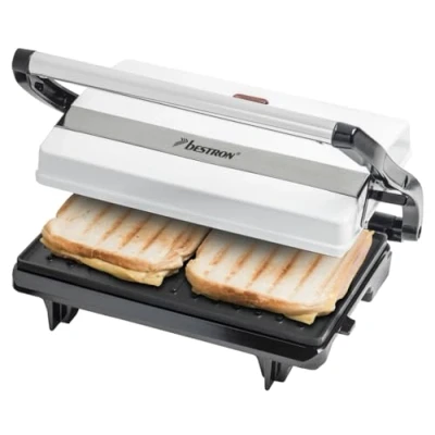 Abbildung von Bestron Kontaktgrill mit Auffangschale, Sandwichmaker Cool Touch Handgriff, Paninimaker Antihaftbeschichtung, 700 Watt, APM123W, Farbe: Weiß