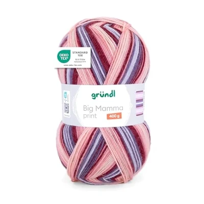 Abbildung von Gründl Wolle Big Mamma Print XXL zum Stricken mit Farbverlauf Weich und hautfreundlich 100% Polyacryl 1 Knäuel 400 g / 1040 m Nadelstärke 3,5 4,5 lachs kirsche mauve hellblau