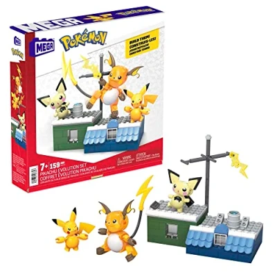 Abbildung von MEGA WONDER POKEMON POKÉMON Pikachu Evolutionsset mit Pichu, und Raichu thematisch passender Umgebung Battle Effekt Elementen, für Kinder ab 6 Jahren, HKT23