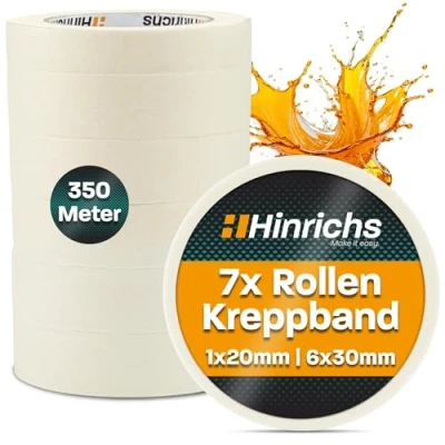 Abbildung von Hinrichs Kreppband 7x Abklebeband 6 Rollen 50m x 30mm + 1 Rolle 20mm Maler Klebeband zum Streichen und Lackieren Abdeckband für Malerarbeiten Malerkrepp Renovierung &amp; Auto
