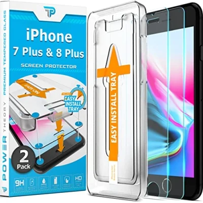 Abbildung von Power Theory Schutzglas für iPhone 8 Plus &amp; 7 Schutzfolie, Glas Displayschutz mit Schablone, Displayschutzfolie, Folie Anbringhilfe [2 Stück]