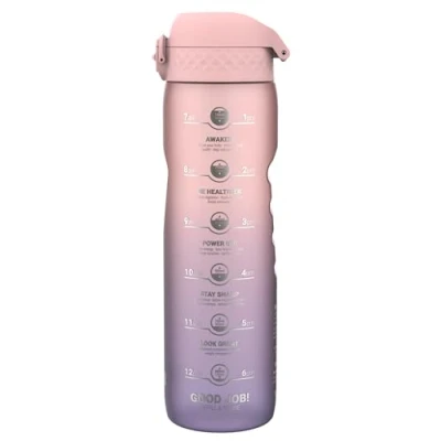 Abbildung von ion8 1 Liter Trinkflasche mit Zeitmarkierungen, Auslaufsicher, Einhandöffnung, Sichere Verriegelung, Spülmaschinenfest, BPA frei, Tragegriff, Ideale für Fitnessstudio, Hellviolett und Rosenquarz