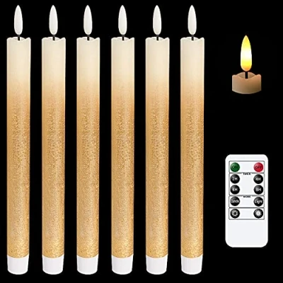 Abbildung von Eldnacele LED Stabkerzen mit Timerfunktion, flackernde Flamme Echtwachskerzen Fernbedienung, Gold 6 Stück (2 x 25CM) für Weihnachtsdeko, Zimmer Deko, Hochzeit und Party
