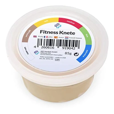 Abbildung von ATC Handels GmbH Fitnessknete in 6 Verschiedene Widerstandsgrade für Handtraining, Anti Stress, Handmuskulatur, Feinmotorik formbar, vielseitig und stärkend (110g beige, extra weich)