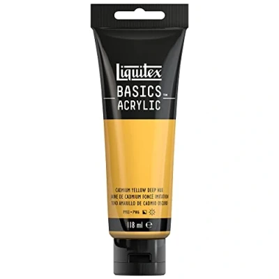 Abbildung von Liquitex 8870042 Basics Acrylfarbe, monopigmentierte Künstlerpigmente, lichtecht, mittlere Viskosität, Archivqualität, seidenglänzender Finish, 118ml Tube Kadmiumgelb Dunkel Farbton