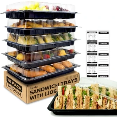 Abbildung von Packung mit 10 Sandwich Platten Deckeln Wiederverwendbare Plastik Buffetplatten für Catering, und Essensvorbereitung Serviertabletts Veranstaltungen 39 x 29 7,5 cm