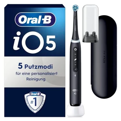 Abbildung von Oral B iO Series 5 Elektrische Zahnbürste/Electric Toothbrush, Magnet Technologie, Putzmodi für Zahnpflege, LED Anzeige &amp; Reiseetui, Designed by Braun, matt black