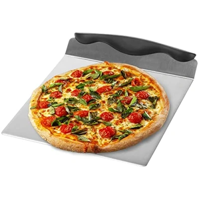 Abbildung von com four® Pizzaschieber aus Edelstahl Tortenhebe Blech mit Kunststoffgriff Kuchen und Pizzaheber Pizzaschaufel 20,5 x cm (schwarz/silberfarben eckig)