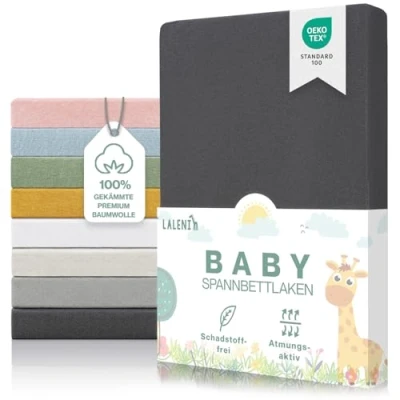 Abbildung von Laleni Premium Spannbettlaken 60/70 x 120/140 Babybett 2er Set Oeko TEX zertifiziertes Bettlaken 60x120 Kinderbett Kinderbettwäsche 70x140 100% Baumwolle Baby in Anthrazit