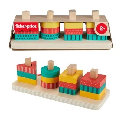 Abbildung von Fisher Price Sortierspielzeug für Kleinkinder Formen Stapelspielzeug aus Holz, 13 Holzteile feinmotorisches Spielen, Kindergartenkinder ab 2 Jahren, HXV05