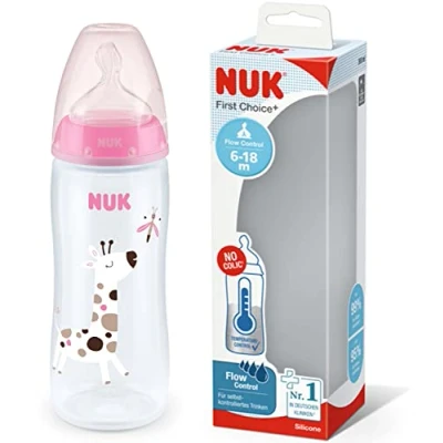 Abbildung von NUK First Choice+ Flow Control Flasche 6 18 Monate Temperaturkontrolle Silikonsauger Anti Kolik Ventil BPA frei 360 ml rosa 1 Stück