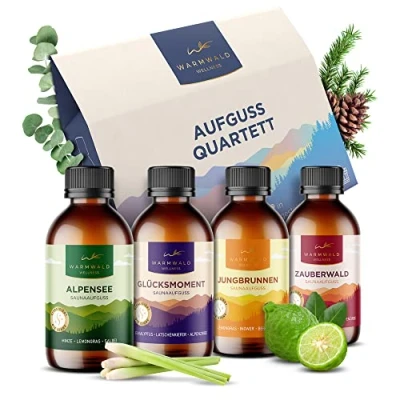 Abbildung von Warmwald Saunaaufguss Sauna Aufgussmittel mit natürlichen ätherischen Ölen Saunaöl Saunaduft (QUARTETT 4 x 100ml)