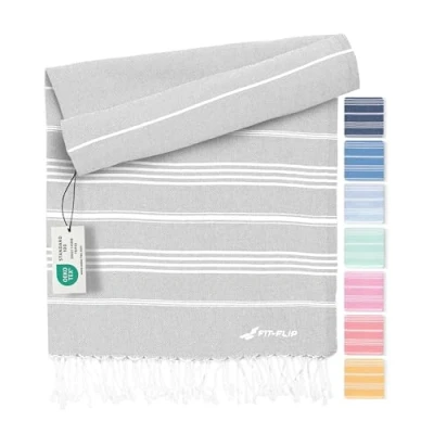 Abbildung von Fit Flip Hamamtuch aus 100% recycelter Baumwolle nachhaltig und natürlich Saunatuch, Strandtuch, Duschtuch, Badetuch, Yogatuch Light Grey 100x200cm Sultan