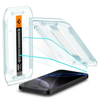 Abbildung von Spigen Glas.tR EZ Fit Schutzfolie kompatibel mit iPhone 16 Pro, 2 Stück, Kratzfest, 9H Härte Folie