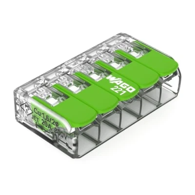 Abbildung von WAGO Green Range Klemme 5 Leiter I bis 4mm² Verbindungsklemme mit Hebeln für alle Leiterarten steckbar 221 423 8 Stück