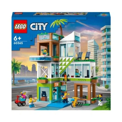 Abbildung von LEGO 60365 City Appartementhaus Set, Konstruktions Spielzeug mit Eckladen, Wohnzimmer, Küche und Schlafzimmer, Scooter, Fahrrad, 6 Minifiguren Einer Straßenplatte
