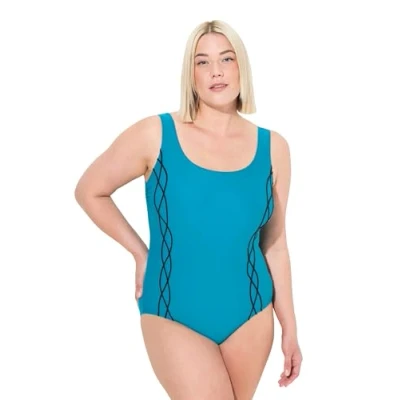 Abbildung von Ulla Popken Damen, Pipings, Unterbrustband, Vorderfutter Badeanzug, Dunkles Türkis, 44