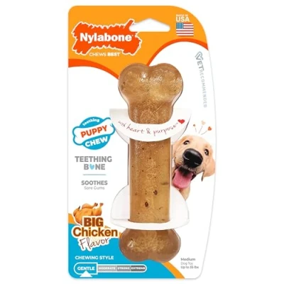 Abbildung von Nylabone, Kauknochen für Welpen und Zahnpflege Spielzeug zahnende Welpen, Wohltuender Gummi Kauknochen, mittelgroße bis 16 kg, Hähnchengeschmack, sanft kauende/zahnende Hunde