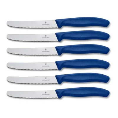 Abbildung von Victorinox Swiss Classic, Tomaten und Tafelmesser, 6 teilig, Buttermesser, Extra Scharf, Wellenschliff, 11 cm, Rostfreier Stahl, blau
