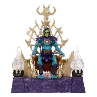 Abbildung von Masters of the Universe Masterverse Skeletor Actionfigur und Thron Set, MOTU Spielzeug, beleuchteter Thron, abnehmbare Kapuze Umhang, 2 Stabzubehörteile, HXX63