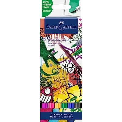 Abbildung von Faber Castell 164525 Goldfaber Aqua Dual Marker, Graffiti, mit Pinselspitze und Fineliner Spitze, 6er Etui
