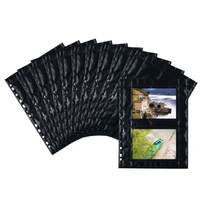 Abbildung von HERMA 7786 Fotohüllen für Ordner, 10 Stück, 10x15 cm quer, 2 Fächer geteilt, beidseitig bestückbare Fotophan Fotosichthüllen Sammelhüllen Postkartenhüllen Prospekthüllen mit Eurolochung, schwarz