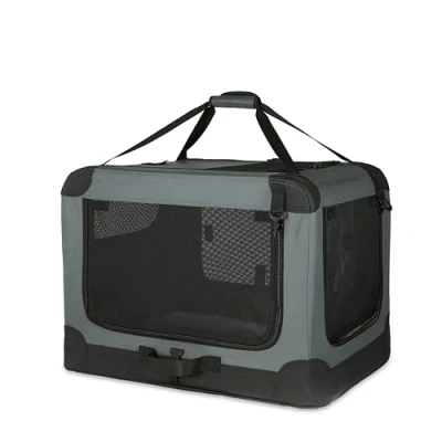 Abbildung von Amazon Basics 4 Doors Portable Soft Sided Folding Travel Crate Kennel for cat, dog, and other small animals, Grey, S 66 cm x 46