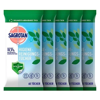 Abbildung von Sagrotan Hygienereinigungstücher Für die praktische Reinigung und Desinfektion von Oberflächen 5 x 60 Feuchttücher in wiederverschließbarer Verpackung