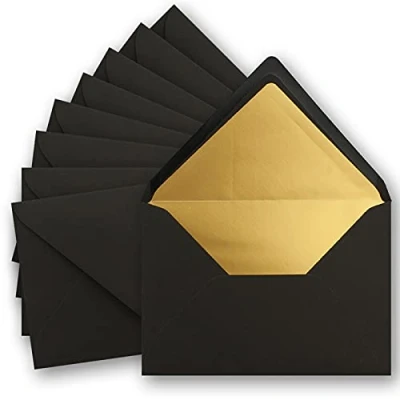 Abbildung von 25x metallic Gold gefütterte Brief Umschläge DIN C5, schwarz 156 x 220 mm Nassklebung mit spitzer Klappe FarbenFroh by GUSTAV NEUSER