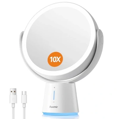 Abbildung von Auxmir Wiederaufladbar Kosmetikspiegel mit Beleuchtung, 1X/ 10X Doppelseitiger Tischspiegel, 2500mAh und 5 Dimmbar Helligkeit, Schminkspiegel 52 natürlichen LED Licht für Schlafzimmer Schminktisch
