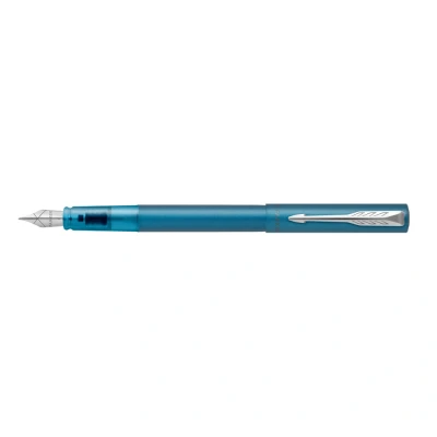 Abbildung von Parker Vector XL Füller Blaugrüne Metallic Lackierung auf Messing Füllfederhalter mit mittlerer Feder und blauer Nachfülltinte Geschenkbox