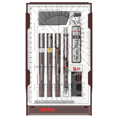 Abbildung von rOtring Isograph Fineliner College Set 3 Tuschefüller (0,25 mm, 0,35 mm und 0,50 mm), Tikky Druckbleistift (0,5mm) Zubehör