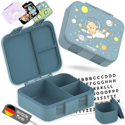 Abbildung von BEARFOOT Bento Box COMPACT Brotdose Kinder mit Fächern Mädchen &amp; Jungen (BPA frei) Für Schule Kindergarten auslaufsicher Leicht kompakt (Bär blau, 1.000ml)