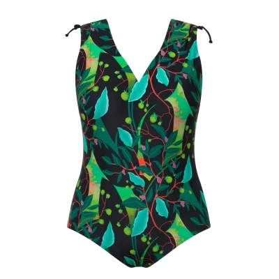Abbildung von Ulla Popken Colorful LEAF Print ONE Piece Badeanzug, Damen, Größe: 42, Black