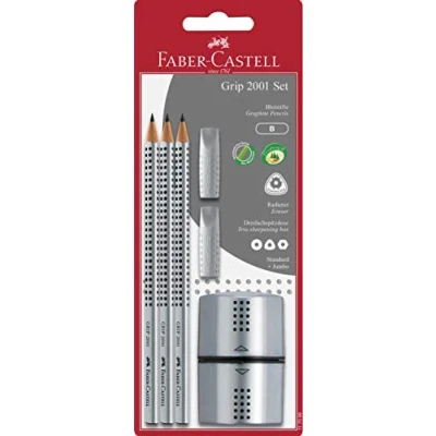 Abbildung von FABER CASTELL 117098 Schreibset GRIP 2001, Inhalt: 3 Bleistifte, 2 Radierer, 1 Spitzer, silber