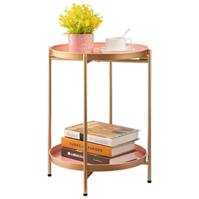 Abbildung von HollyHOME Beistelltisch Rund Gold Metall, 2 Ebenen Snacktisch Couchtisch Teetisch Nachttisch Sofatisch für Wohnzimmer Schlafzimmer Balkon Terrasse, Gold&amp;Rosa