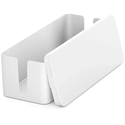 Abbildung von deleyCON Kabelmanagement Box Kabel Organizer Kabelkasten 40,5cm x 15,3cm 13cm Robuster Kunststoff 2 Seitliche Kabelführungen Schutz und Sicherheit Weiß