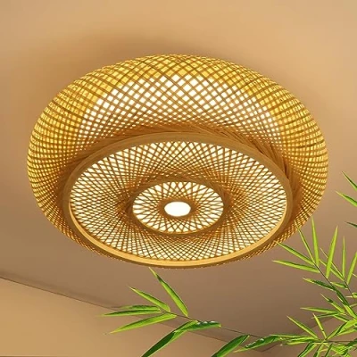 Abbildung von Deckenleuchte Bambus Deckenlampe LED Holzlamp Fernbedienung Dimmbar Handgewebte Natürlicher 40W Retro Rattan Bambus,Rund Decke Bambuslampen Für Schlafzimmer Wohnzimmer Flur,40cm