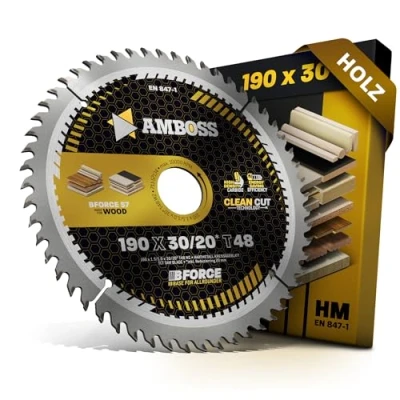 Abbildung von HM Kreissägeblatt 190x30 20 Z48 Wechselzahn für Akku Holz Feinschnitt. AMBOSS WERKZEUGE® Sägeblatt 190mm +Reduzierring 30mm. 190x20 komp. zu Bosch GKS 190. 65 GCE. 18V 68 GC uvm.