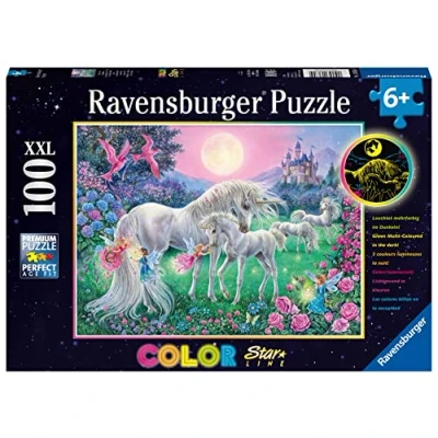 Abbildung von Ravensburger 13670 Einhörner im Mondschein 100 Teile XXL Puzzle für Kinder ab 6 Jahren Leuchtet Dunkeln Kinderpuzzle, tolles Weihnachtsgeschenk, Yellow