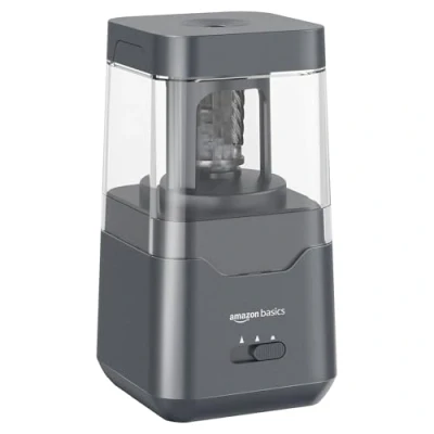 Abbildung von Amazon Basics Tragbarer elektrischer Bleistiftspitzer, spiralförmige Klinge, automatischer Stopp, batterie /USB betrieben, Schwarz, 7.1 x 13.46 cm
