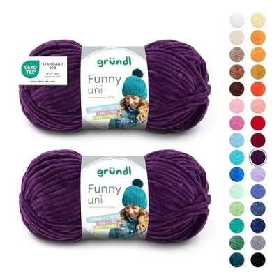 Abbildung von Gründl Wolle Funny uni weiche Chenille zum Häkeln Chenillegarn aus 100% Polyester, 2 Knäuel (100 g/ 120 m, Nadelstärke: 5 6) Aubergine