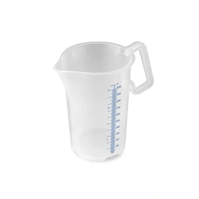 Abbildung von Thermohauser Messbecher m. geschlossenem Griff, 2000 ml, Kunststoff PP, blaue Skala in Litern und Millilitern 8300040087 Transparent